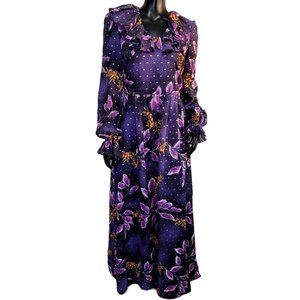 Vintage 70s Vera‎ Mont Paris Purple Floral Print Maxi Dress Ruffle Collar L/S